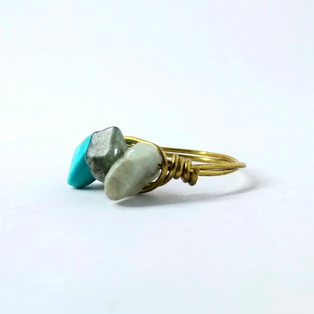 Beautiful Aquamarine and Teal Gems Handmade Twisted Gold Ring Size 7